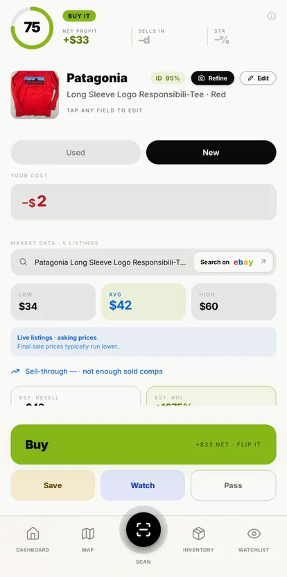 Patagonia scan with BUY IT verdict — Smart Buy Score 75, +$33 net profit