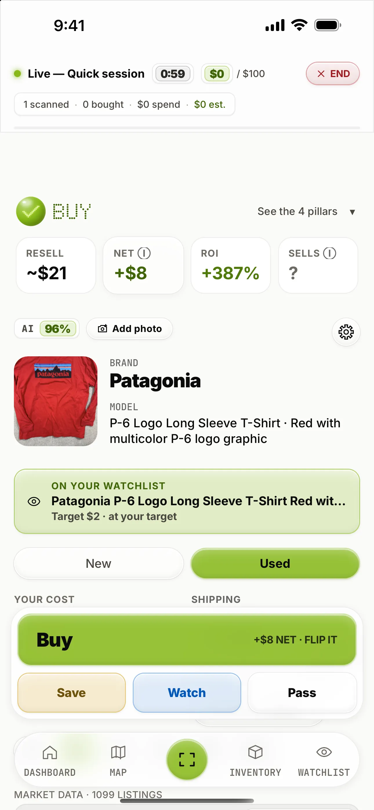A scan during a live session that matches a watchlist item at its $2 target, with a BUY verdict
